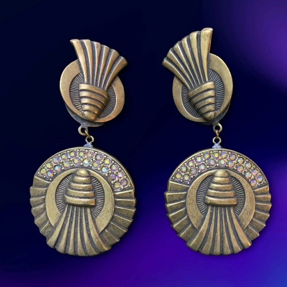 Banana Bob ox gold ab crystal Art Deco elegant dangle clip earrings 4” L NOS